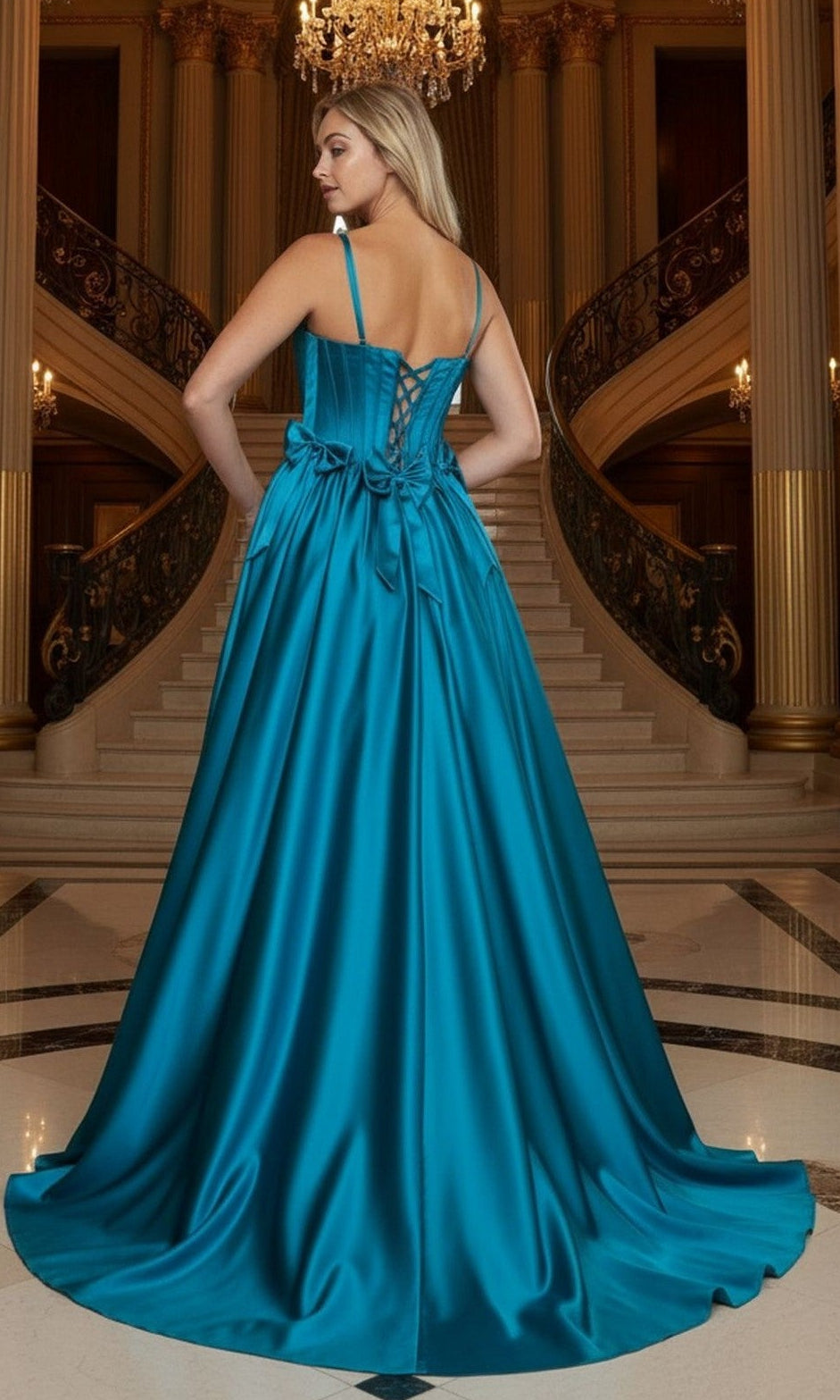 Wearing the Long Prom Dress: Poly USA 25116, featuring an A-line satin silhouette, structured bodice, and lace-up back, a woman stands at the foot of a grand chandelier-lit staircase in an elegant hall.